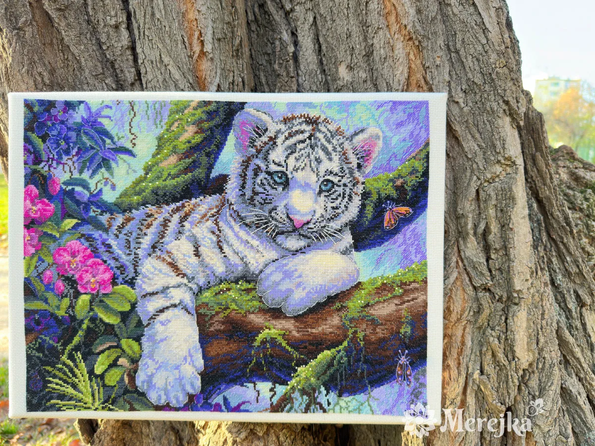 Merejka White Tiger borduurpakket Aida 16 ecru