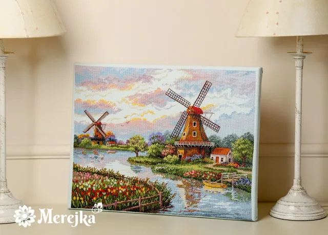 Merejka Dutch Windmills borduurpakket 30x40 ijsblauw molens