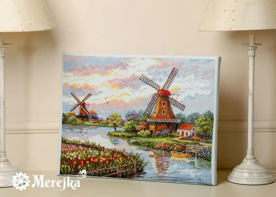 Merejka Dutch Windmills borduurpakket 30x40 ijsblauw molens