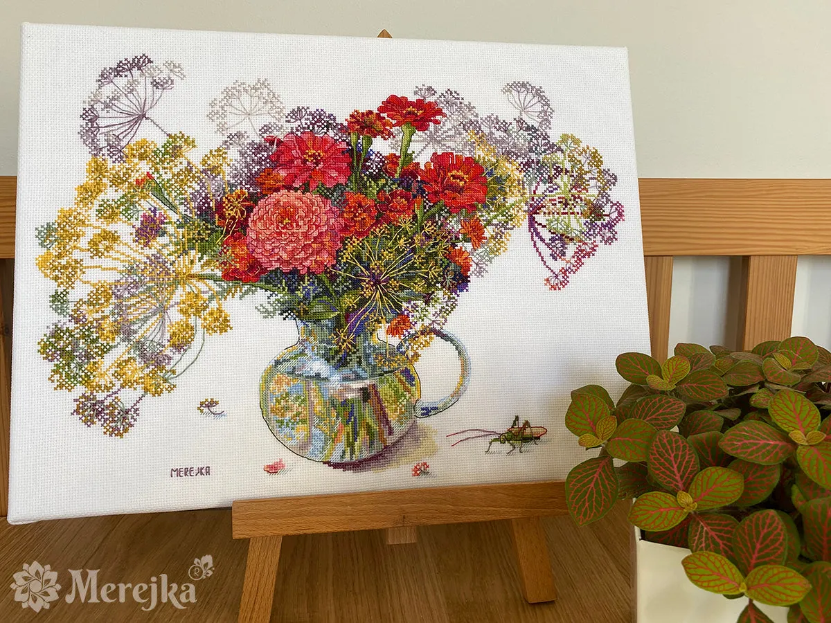 Merejka Zinnia and Dill borduurpakket Aida 16 wit