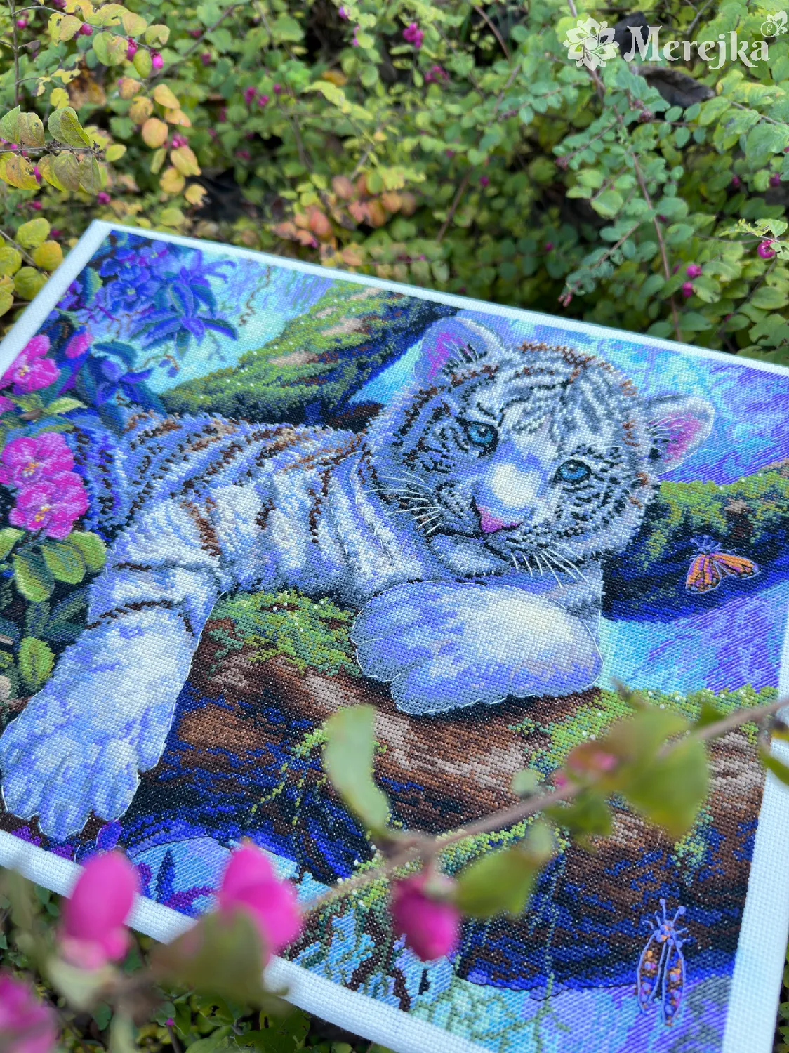 Merejka White Tiger borduurpakket Aida 16 ecru