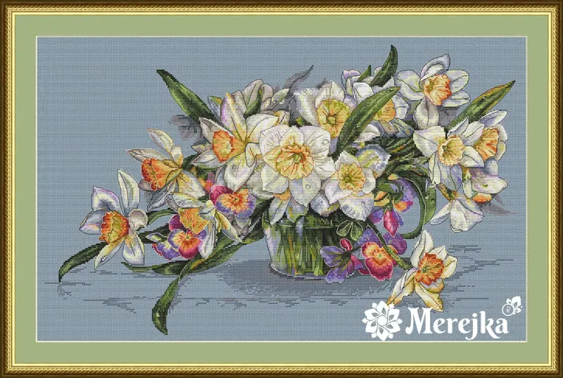 Merejka Daffodils borduurpakket Aida 16 blauwgrijs 37 kleuren