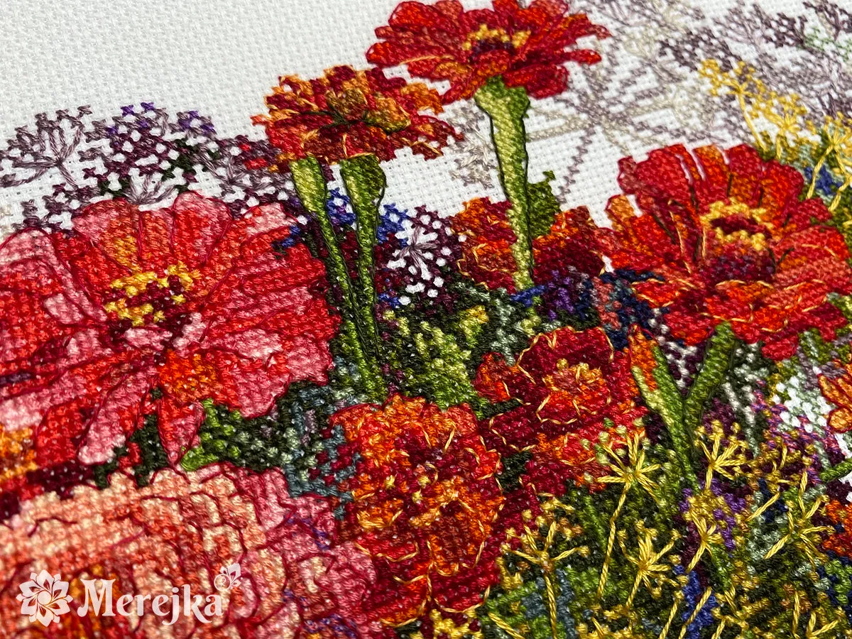 Merejka Zinnia and Dill borduurpakket Aida 16 wit