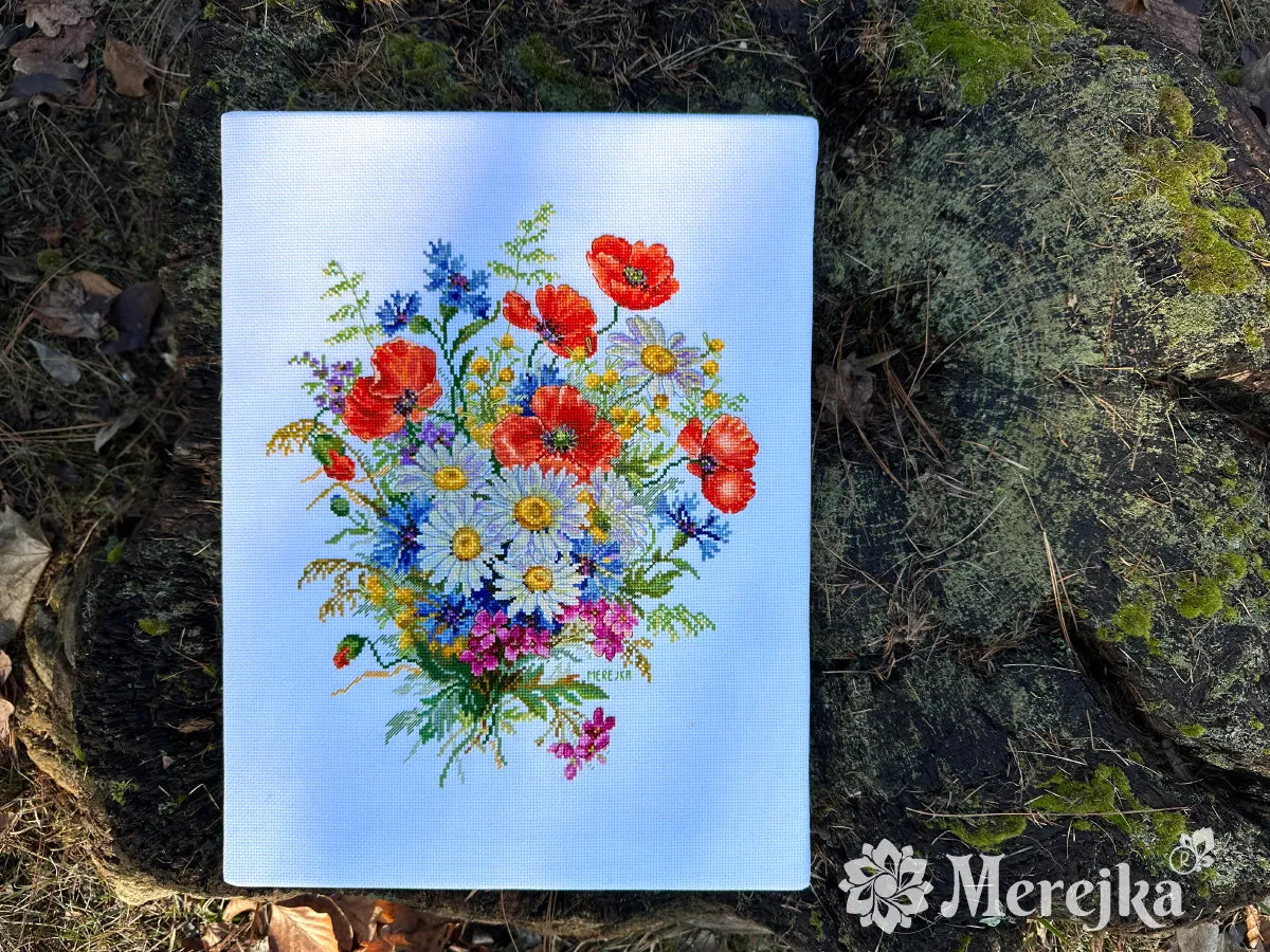 Merejka Meadow Blooms borduurpakket Aida 16 wit