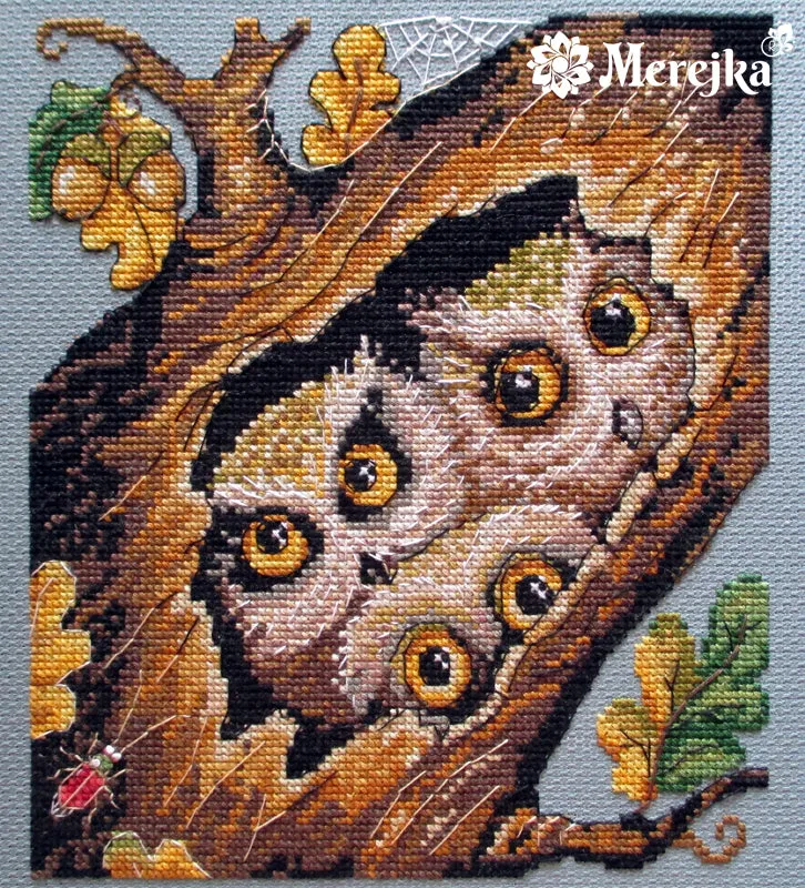 Merejka Owls borduurpakket Aida 16 blauwgrijs 20 kleuren