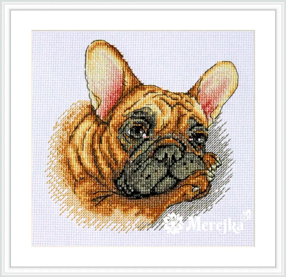 Merejka French Bulldog borduurpakket wit 15x15 cm