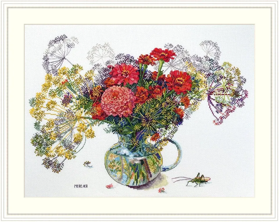 Merejka Zinnia and Dill borduurpakket Aida 16 wit