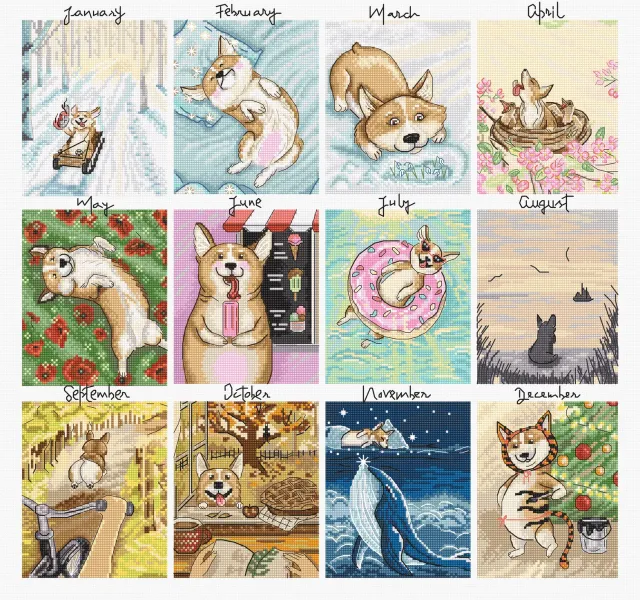 Leti Stitch L8086 Doggy Calendar borduurpakket 43x41 honden