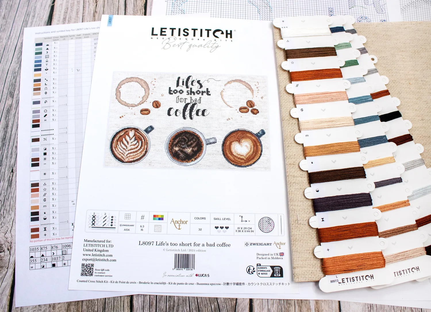 Leti Stitch L8097 Life's Too Short borduurpakket 29x19 cm koffie
