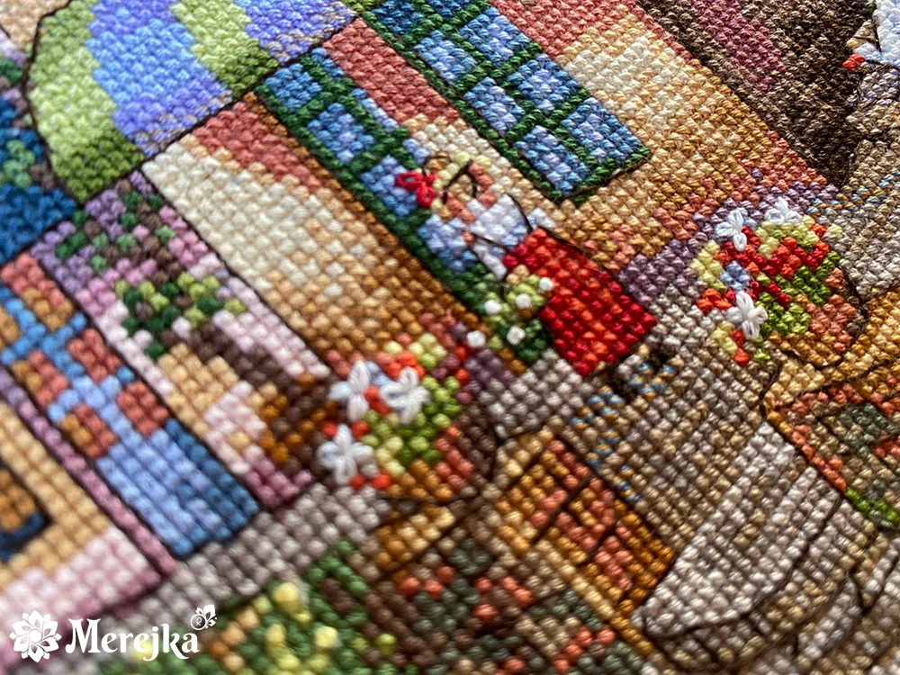 Merejka Quaint Village Shops borduurpakket Aida ijsblauw