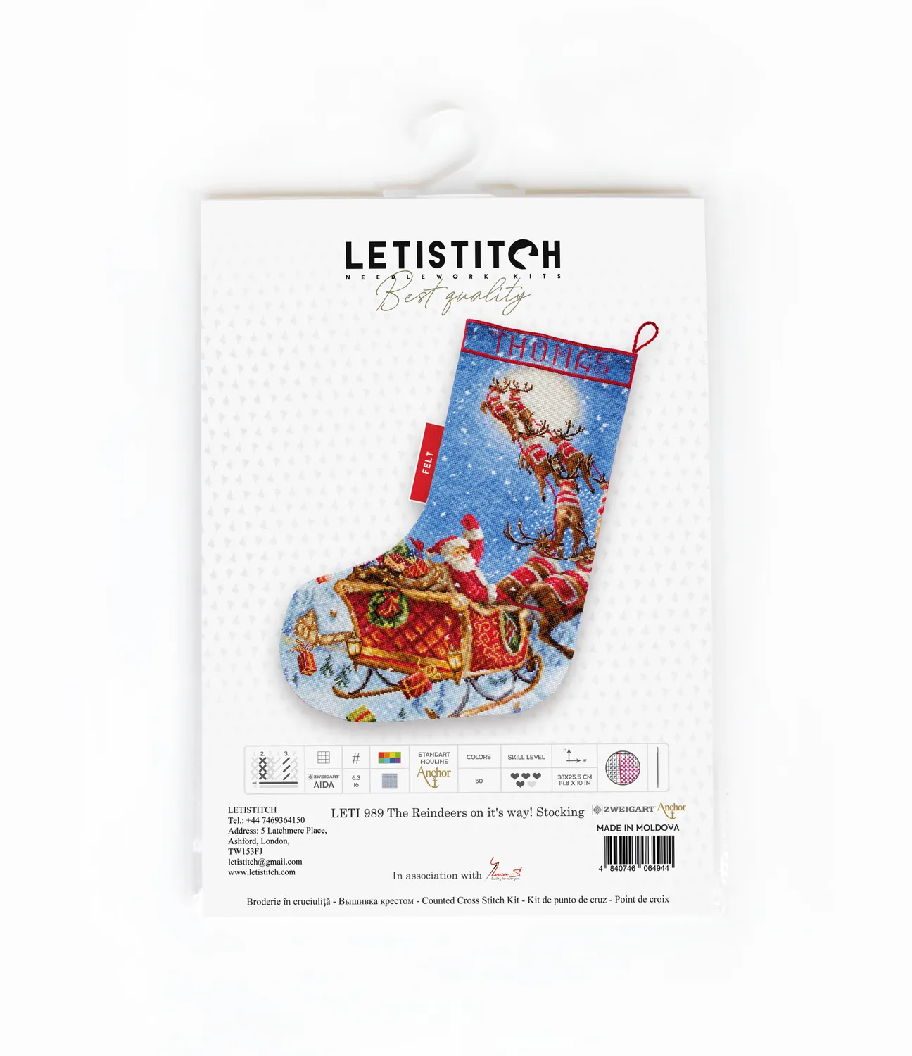 Leti Stitch 989 Reindeers Kerstsok borduurpakket 38 cm