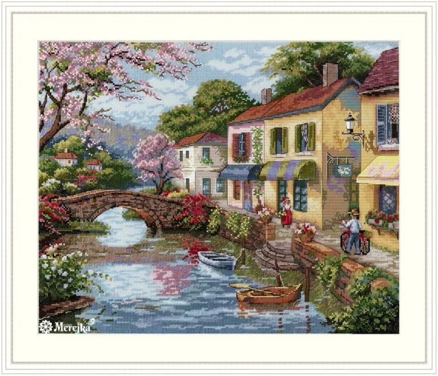 Merejka Quaint Village Shops borduurpakket Aida ijsblauw