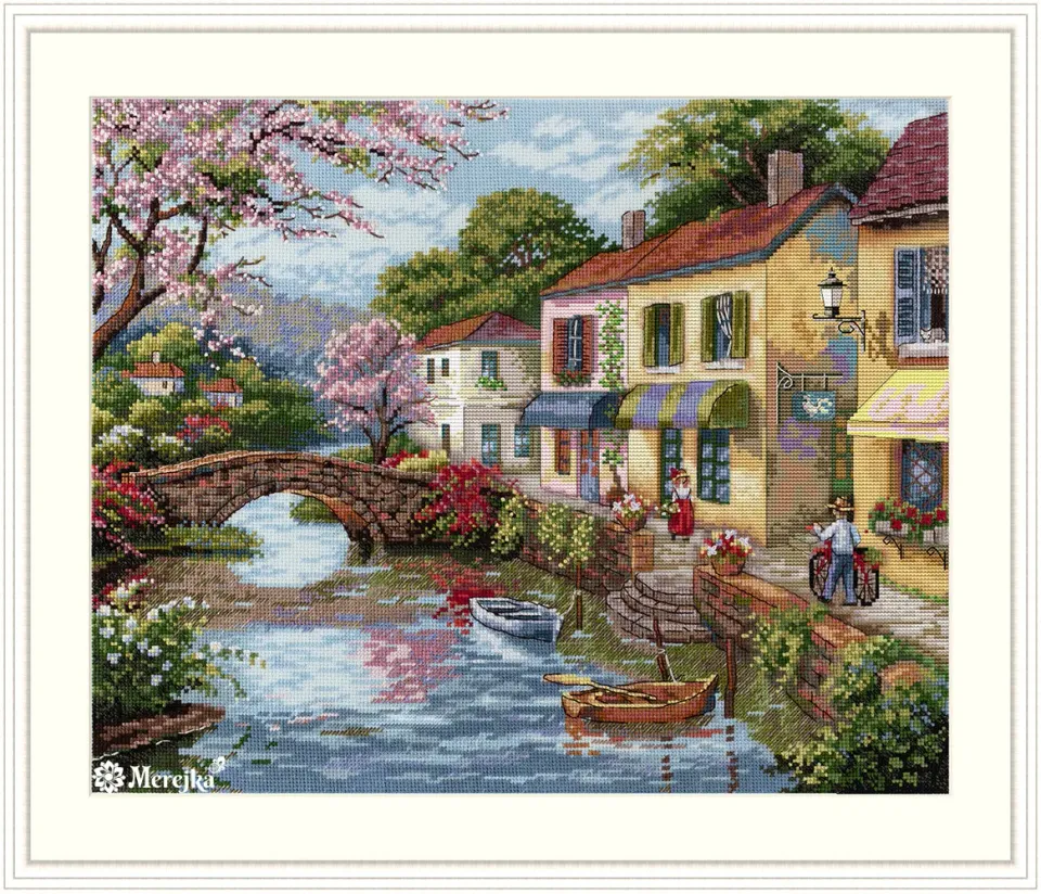 Merejka Quaint Village Shops borduurpakket Aida ijsblauw