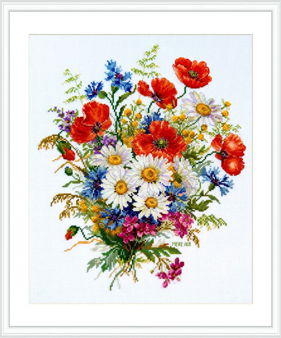 Merejka Meadow Blooms borduurpakket Aida 16 wit