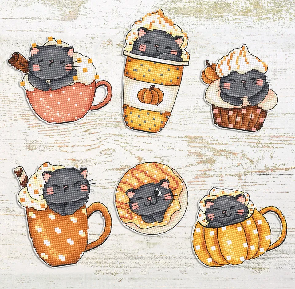 Leti Stitch L8092 Pumpkin Cup Kitties borduurpakket 6 stuks halloween