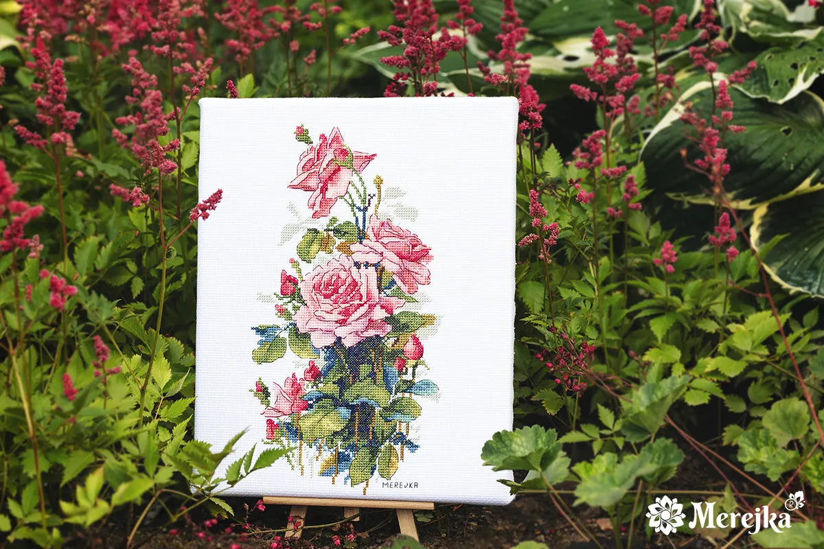Merejka Pink Roses borduurpakket 16x27,5 Aida 14