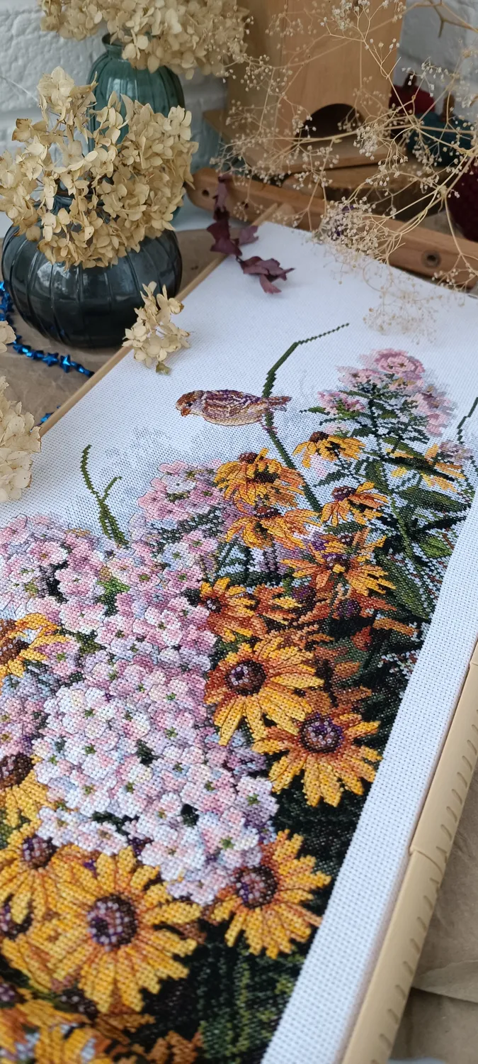 Merejka Black Eyed Susans borduurpakket Aida 16 wit