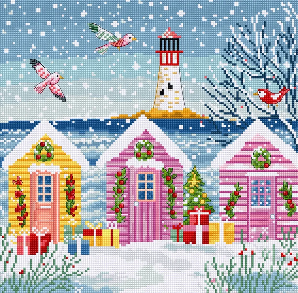 Leti Stitch L9915 Snowy Sea Cottages borduurpakket 23x22 cm winter