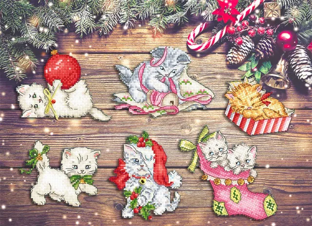 Leti Stitch Christmas Kitties telpatroon pdf 6 ornamenten