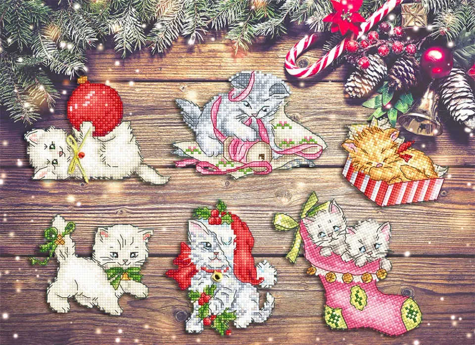 Leti Stitch Christmas Kitties telpatroon pdf 6 ornamenten