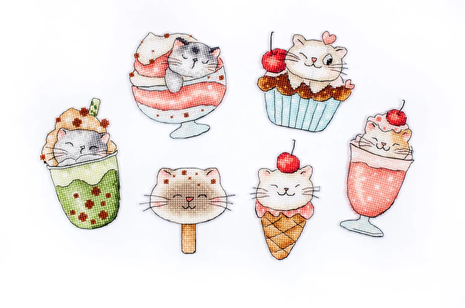 Leti Stitch L8089 Summer Kitties borduurpakket 6 hangers 10x7 cm