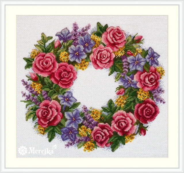 Merejka Rose Wreath borduurpakket wit 28 kleuren