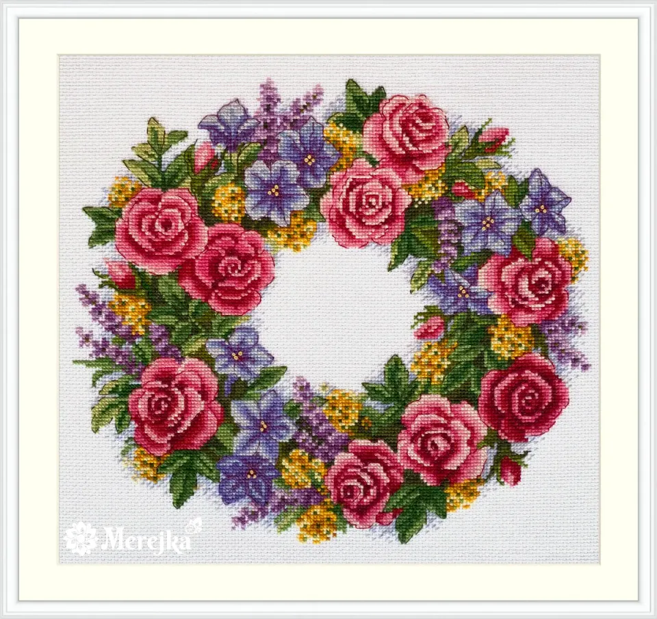 Merejka Rose Wreath borduurpakket wit 28 kleuren