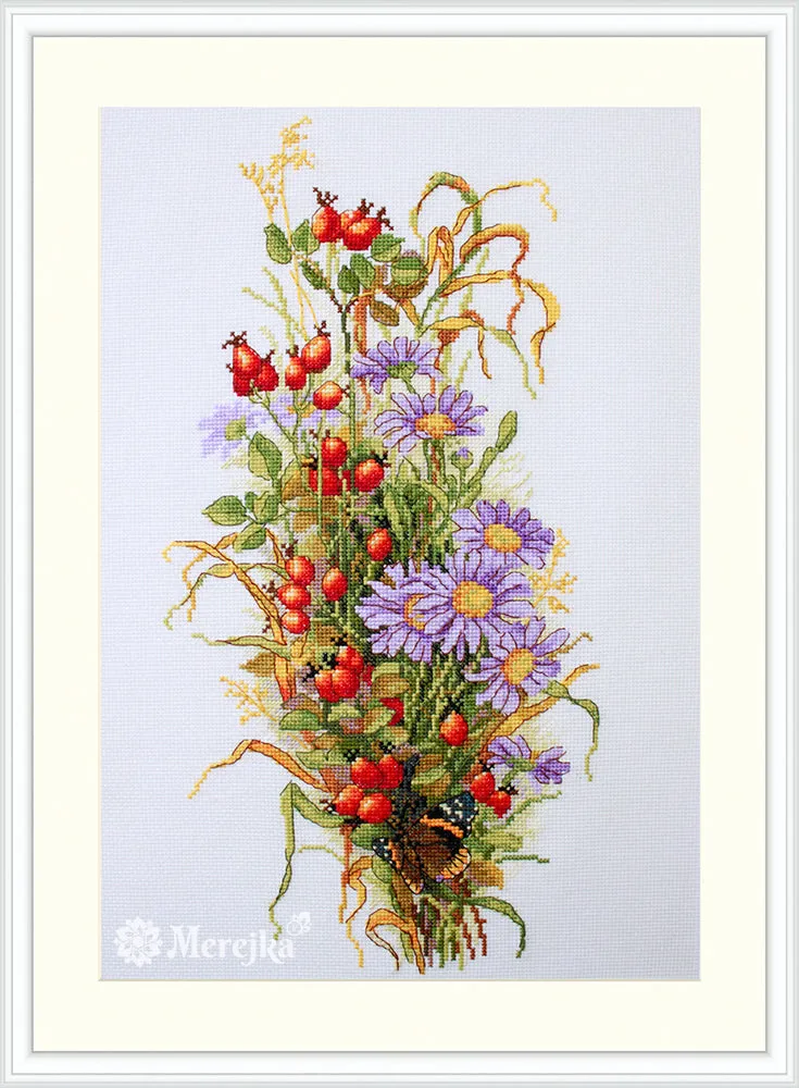 Merejka Wildrose Berries borduurpakket Aida 16 wit 25 kleuren