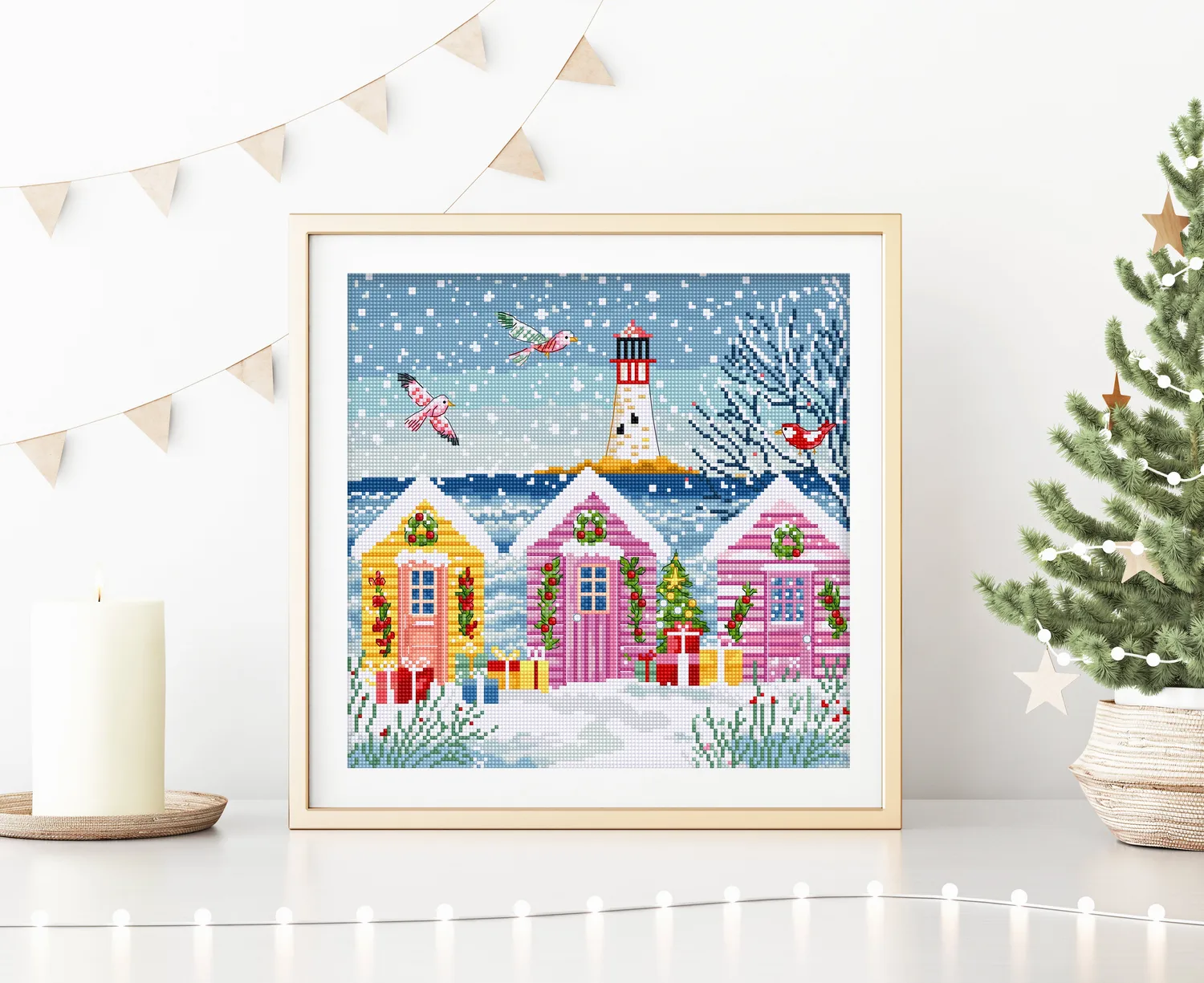 Leti Stitch L9915 Snowy Sea Cottages borduurpakket 23x22 cm winter