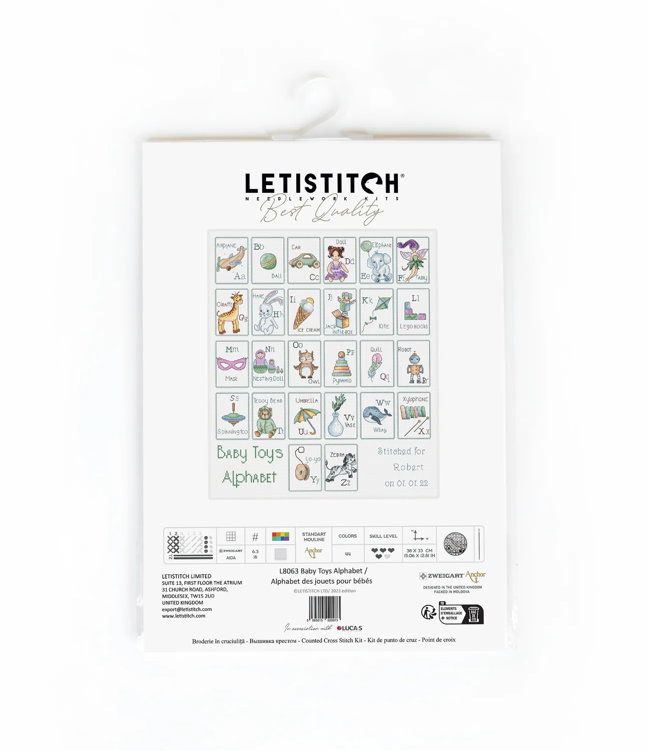 Leti Stitch L8063 Baby Toys Alphabet borduurpakket 38x33 cm