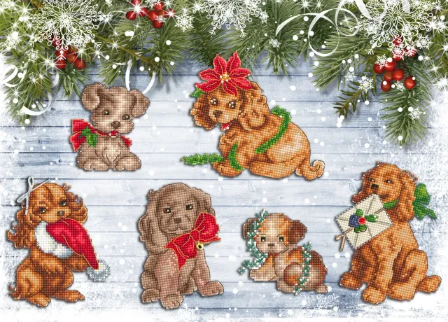 Leti Stitch Christmas Puppies telpatroon pdf 6 ornamenten
