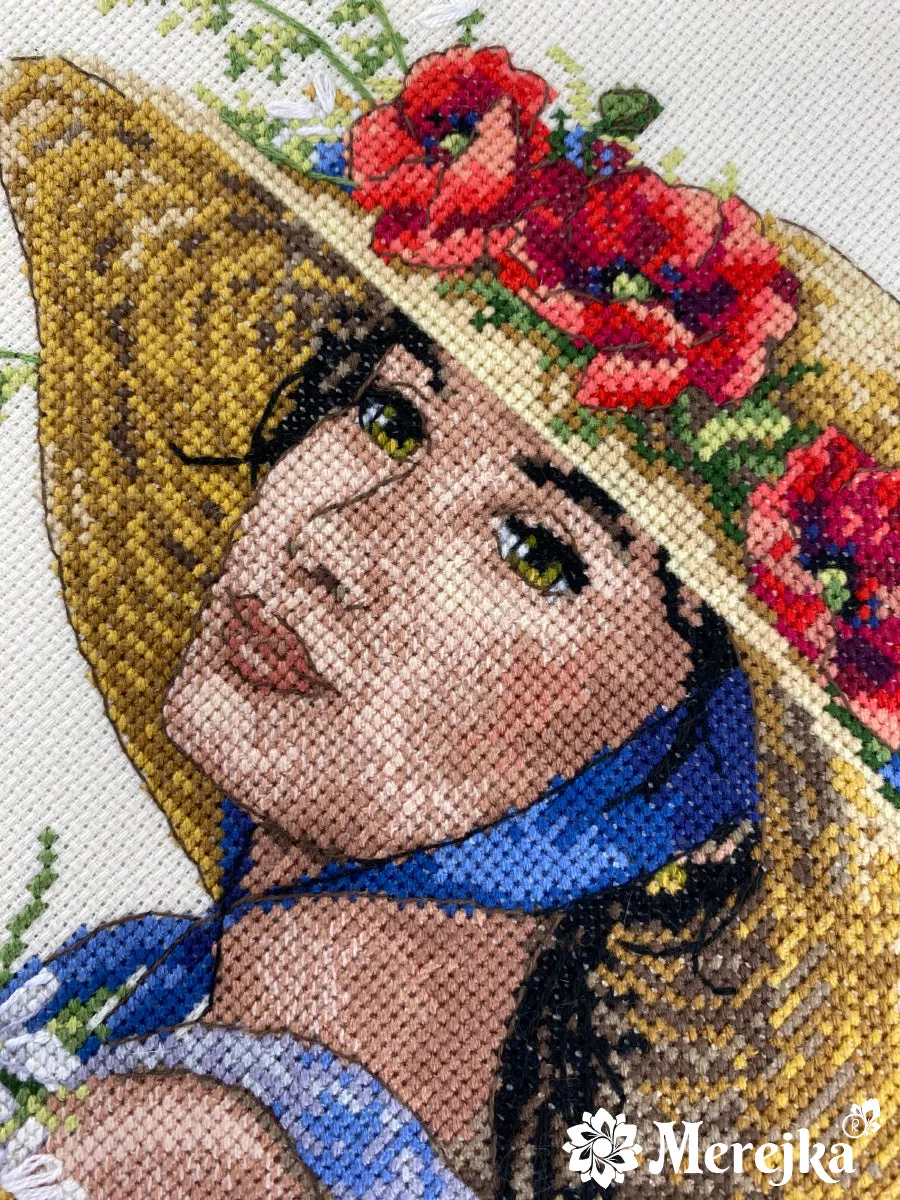 Merejka Flower Hat borduurpakket Aida 16 ecru