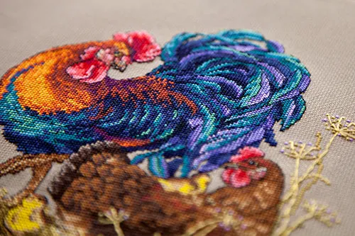 Merejka Rooster and Hen borduurpakket 21x21 cm bruin