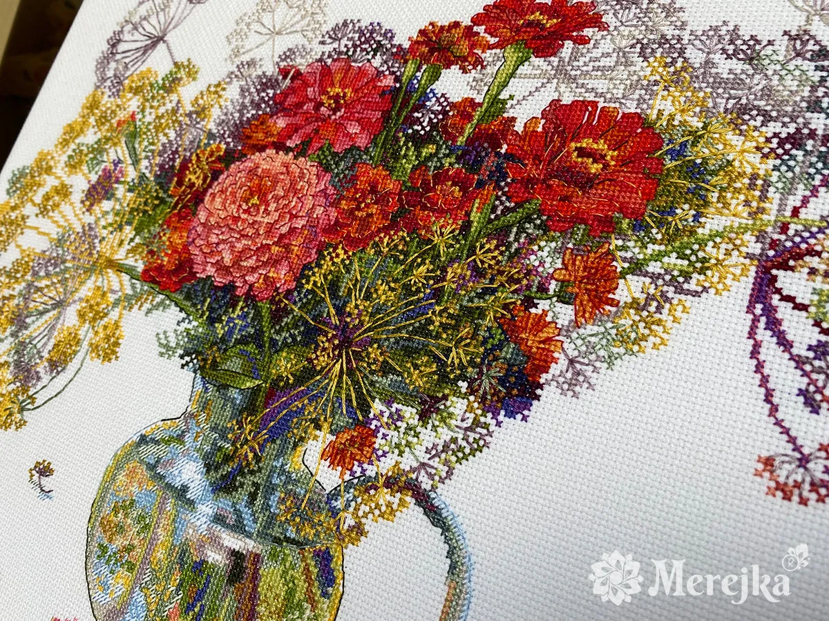Merejka Zinnia and Dill borduurpakket Aida 16 wit