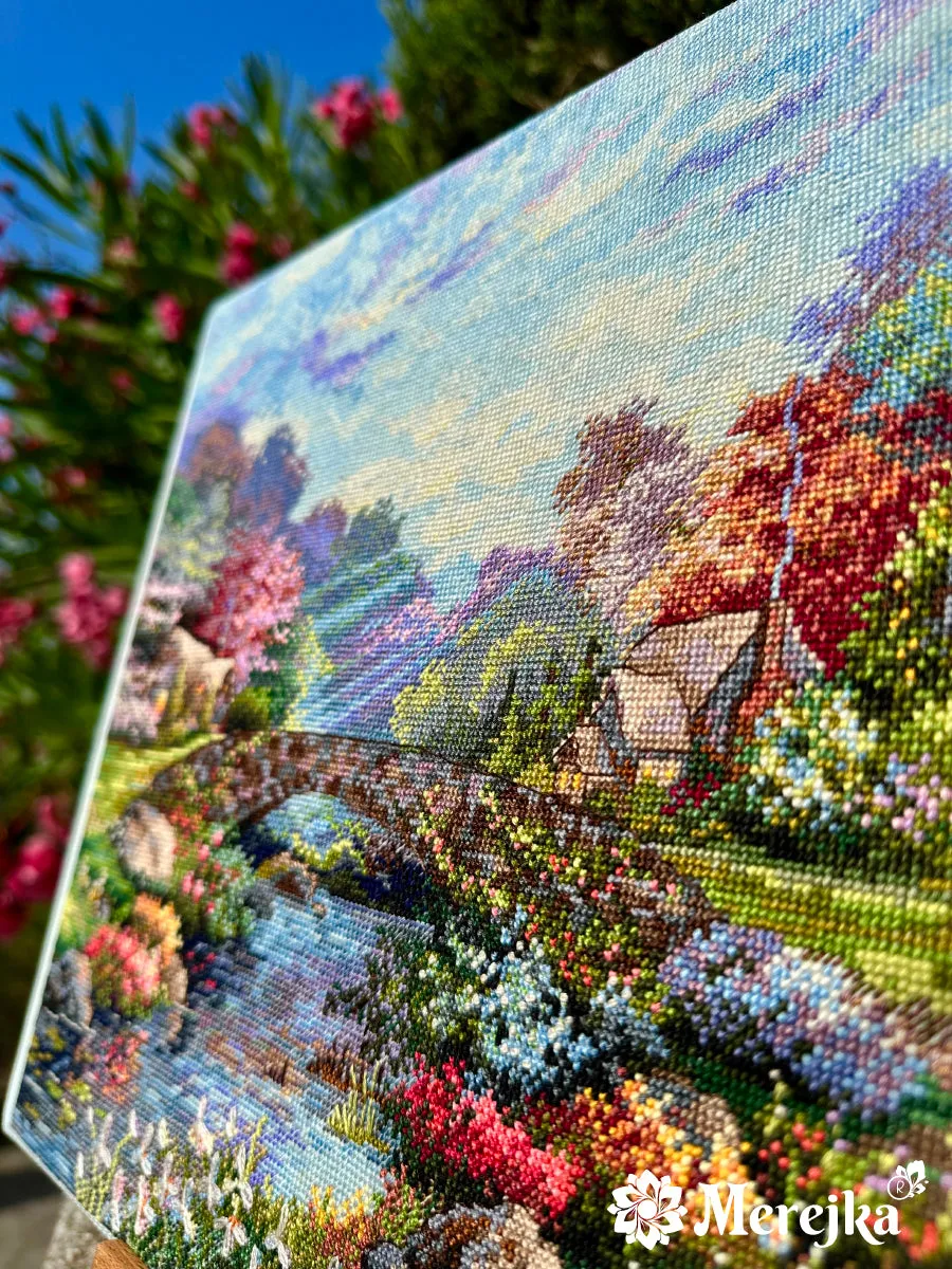 Merejka Springtime Glory borduurpakket Aida 16 ijsblauw