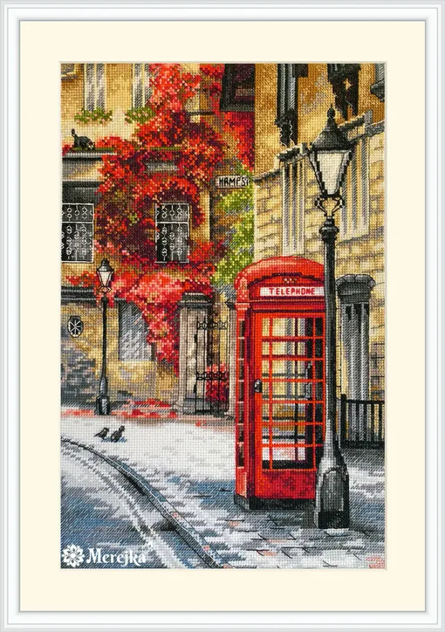 Merejka Quiet Lane borduurpakket Aida 16 wit 30x19 herfst