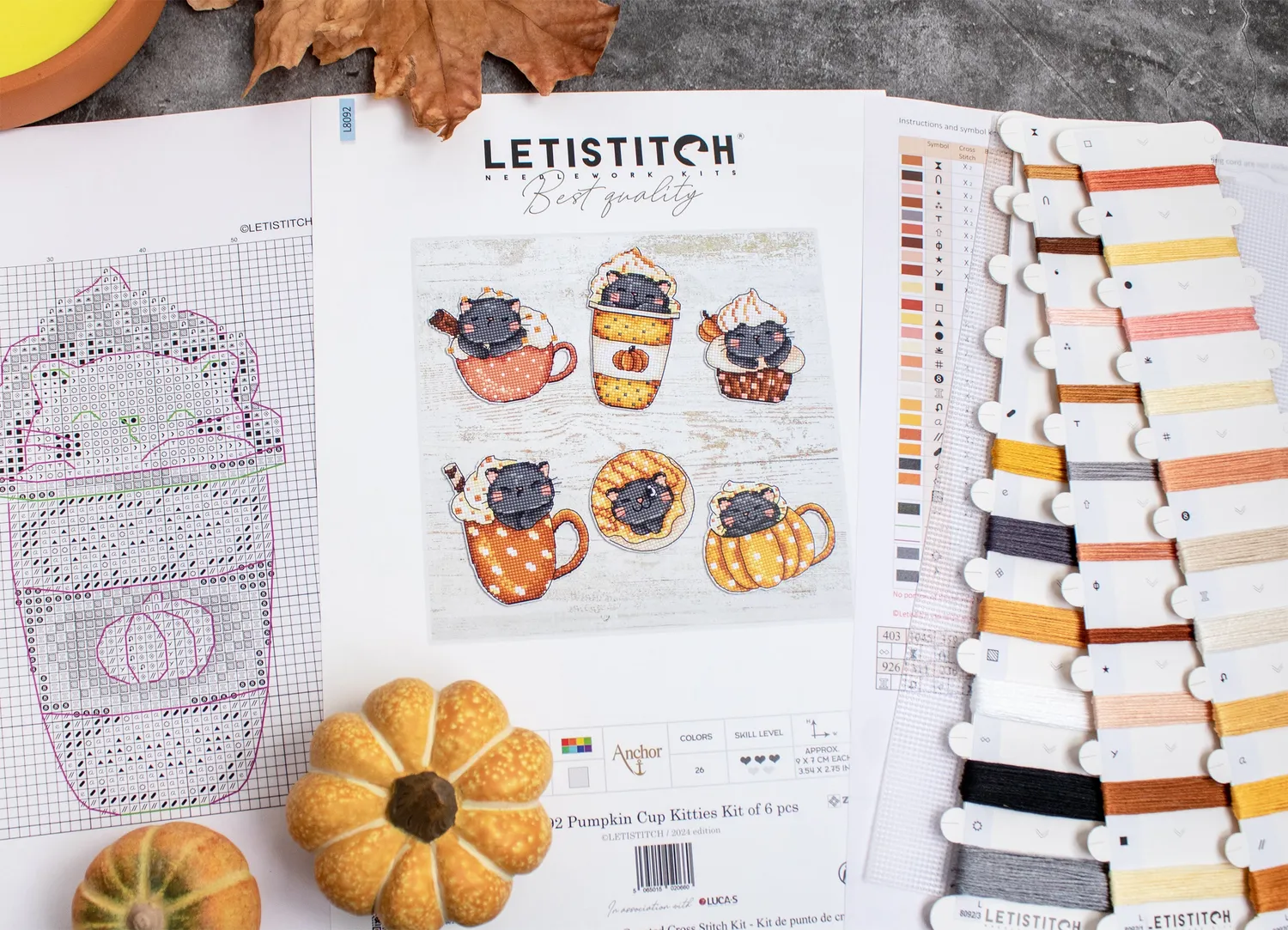 Leti Stitch L8092 Pumpkin Cup Kitties borduurpakket 6 stuks halloween
