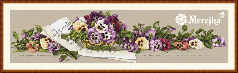 Merejka Pansy Waltz borduurpakket ecru 89x23 cm 34 kleuren