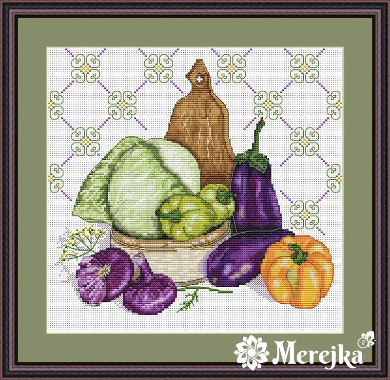 Merejka Le Pourpre borduurpakket 25x25 stilleven groente