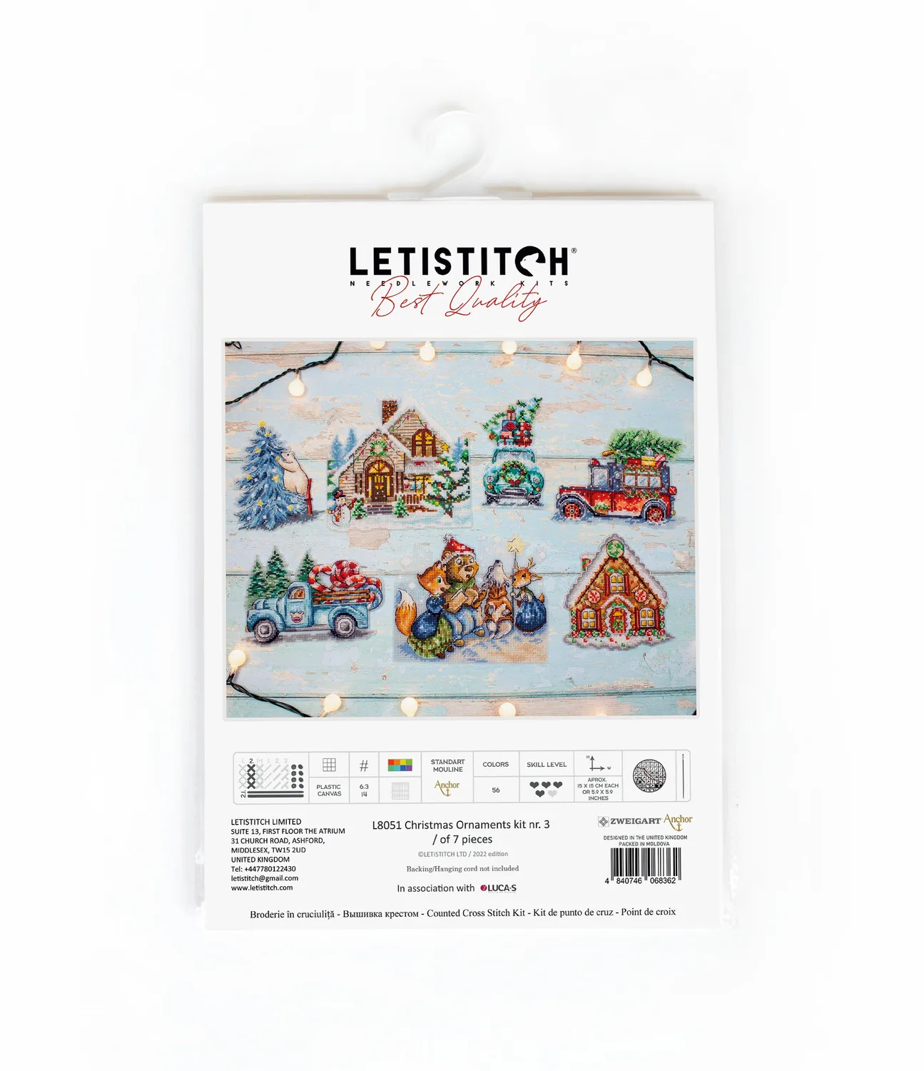 Leti Stitch L8051 kruissteekpakket kerstornamenten 7 stuks 15 cm
