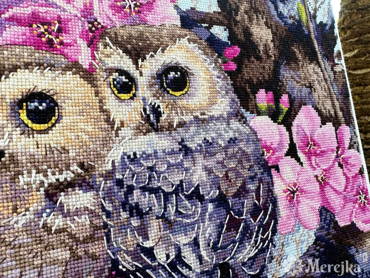 Merejka Two Owls in Spring Blossom borduurpakket 38x29 ijsblauw
