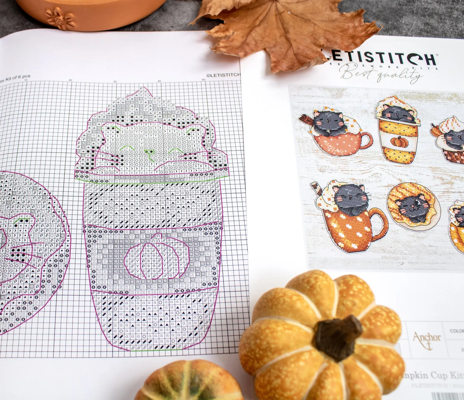 Leti Stitch L8092 Pumpkin Cup Kitties borduurpakket 6 stuks halloween