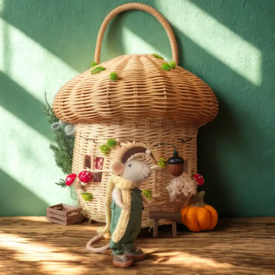 The Wool Family paddenstoelenhuisje rotan beige mand 22cm