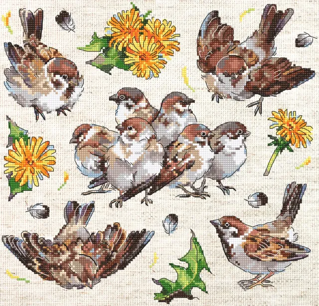 Leti Stitch L8803 Sparrows borduurpakket 23x22 cm vogels