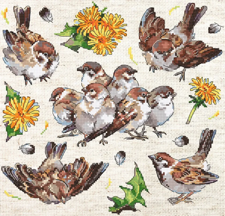 Leti Stitch L8803 Sparrows borduurpakket 23x22 cm vogels