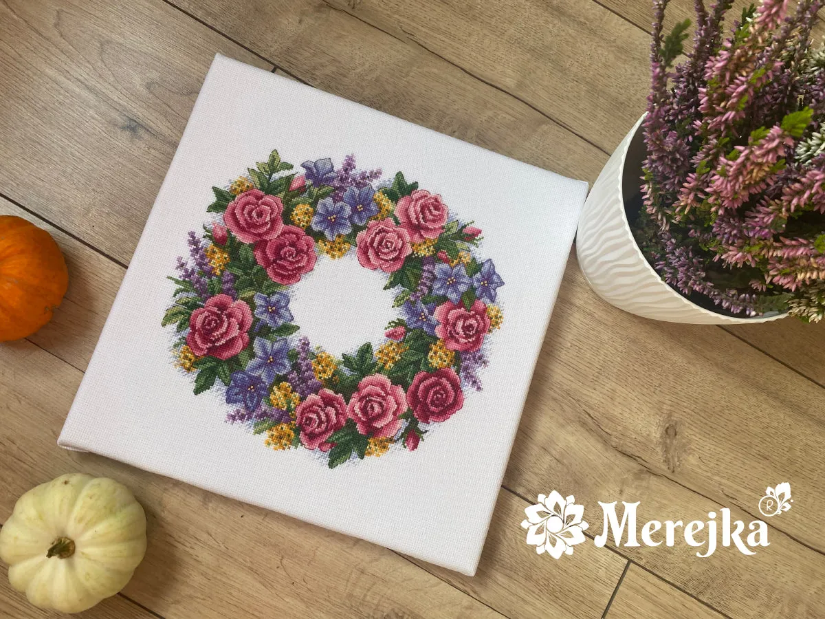 Merejka Rose Wreath borduurpakket wit 28 kleuren