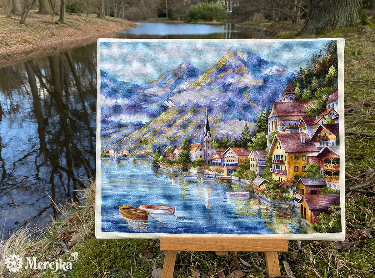Merejka Alpine Village borduurpakket ecru 39,5x32 cm DMC