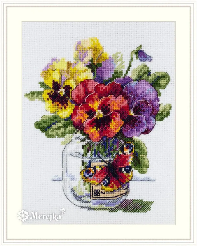 Merejka Pansies and Butterfly borduurpakket Aida 14 wit