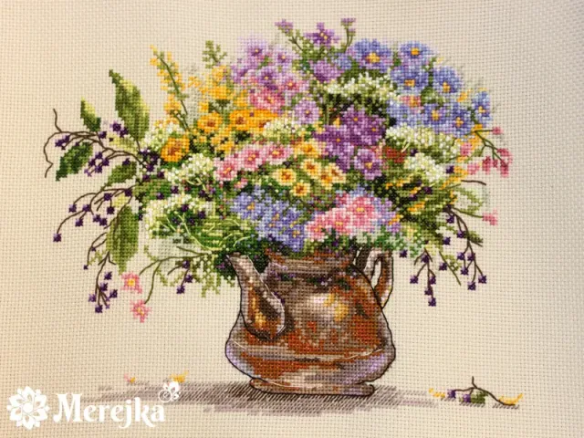 Merejka Wild Flowers borduurpakket Aida 14 ecru 37 kleuren
