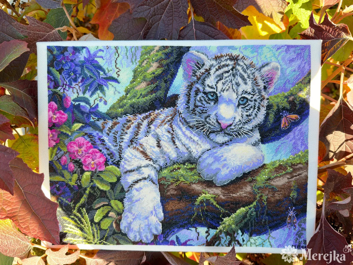 Merejka White Tiger borduurpakket Aida 16 ecru